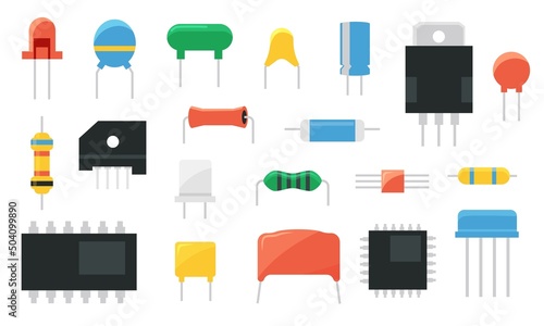 Electronic component. Semiconductor chip capacitor transistor resistor and LED hardware. Vector electric circuit board ceramic parts isolated set photo