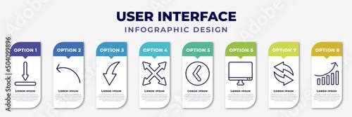 infographic template with icons and 8 options or steps. infographic for user interface concept. included downloading, sketched arrow, curve arrow, expand button, round left button, display, refresh