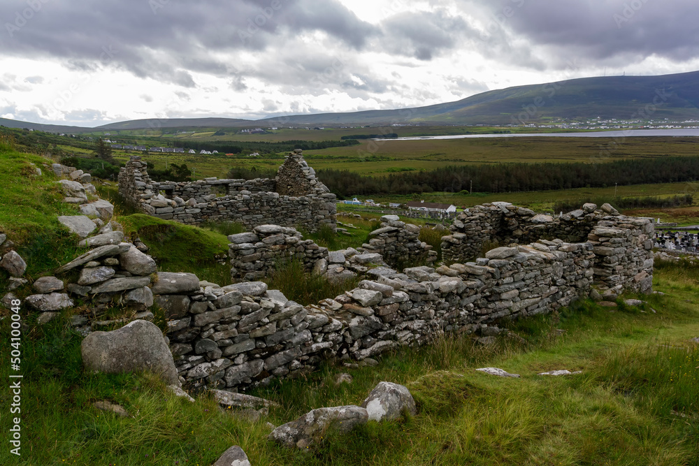 Old ruins of the rural houses in the Achill island, Northern Ireland