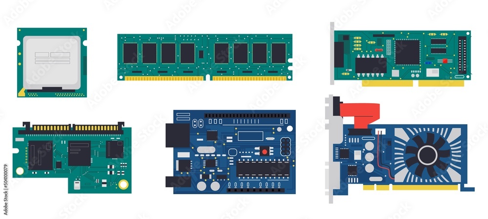 Electronic PCB. Electric circuit board with memory chip, conductor and semiconductor components. Vector microcontroller hardware set - obrazy, fototapety, plakaty 