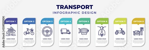 infographic template with icons and 8 options or steps. infographic for transport concept. included luxury yacht, bikes, steering, free transport, blimp, scooter bike, quad bike, car parking