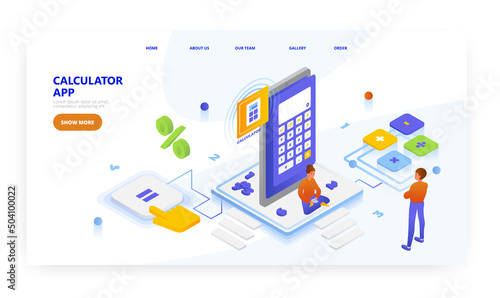 Calculator app, landing page design, website banner vector template. Online math problem solver. © Wanlee