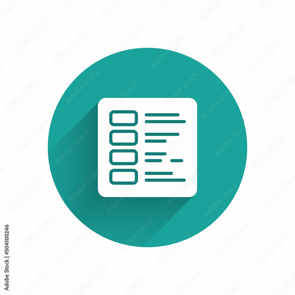 White Business finance report icon isolated with long shadow. Audit and analysis, document, plan symbol. Green circle button. Vector White Business finance report icon isolated with long shadow. Audit and analysis, document, plan symbol. Green circle button. Vector
