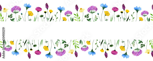 Watercolor wildflower seamless border. Floral rectangle frame with place for text.