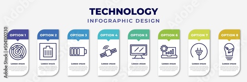 infographic template with icons and 8 options or steps. infographic for technology concept. included radar sweep, wired connection, baterry, satellite connection, big tv, analysis process, photo