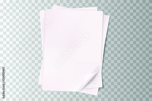 Stack of three empty white sheets of A4 paper with  on light transparent background.