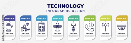 infographic template with icons and 8 options or steps. infographic for technology concept. included robotic hand, services, basic calculator, solar plane, old light bulb, add call, antenna,