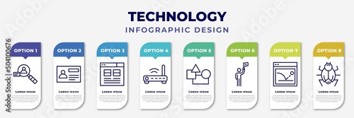 infographic template with icons and 8 options or steps. infographic for technology concept. included user research, user persona, user interface, routers, elements, leading, bounce rate, bugs