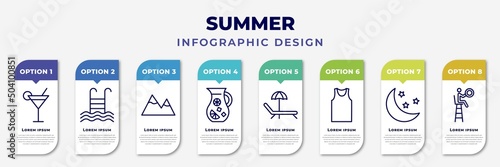 infographic template with icons and 8 options or steps. infographic for summer concept. included bar, swimming pool ladder, mountains, sangria, sunbed, sleeveless, moon, life guard editable vector.