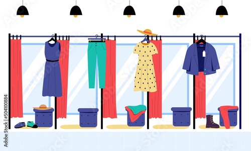 Shop dressing room. Clothing and shoe store empty dressing rooms with mirrors and curtains. Vector illustration