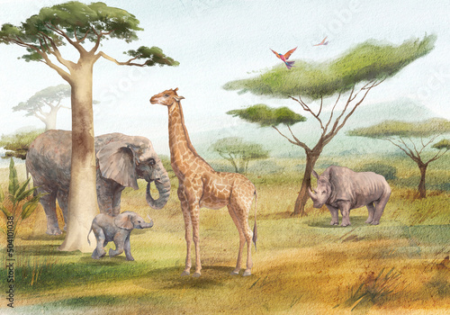 Naklejka na ścianę safari. Akwarela, krajobraz ze zwierzętami Afryki z żyrafą, słoniami, nosorożcem, drzewem baobabu.