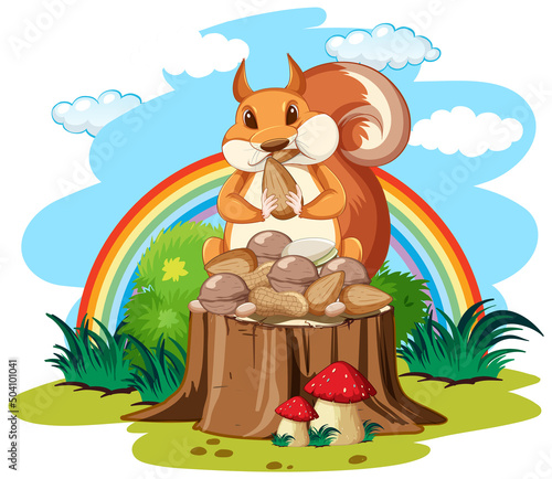 Squirrel eating nut on the log