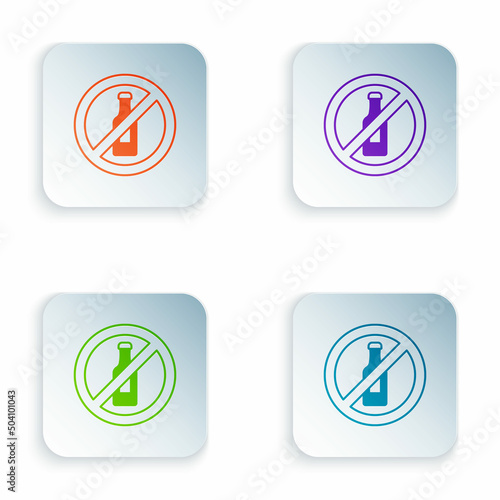 Color No alcohol icon isolated on white background. Prohibiting alcohol beverages. Forbidden symbol with beer bottle glass. Set colorful icons in square buttons. Vector