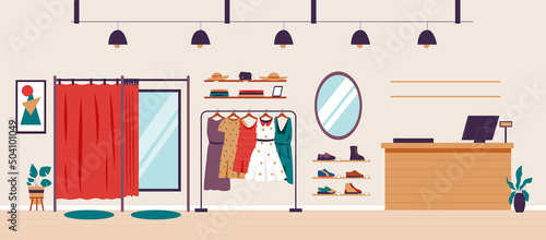 Showroom interior. Cartoon fashion boutique with women clothes and shoes, checkout and dressing room. Vector illustration