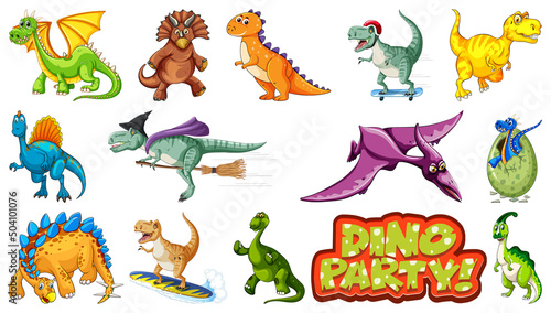 Dinosaurs and dragon on white background
