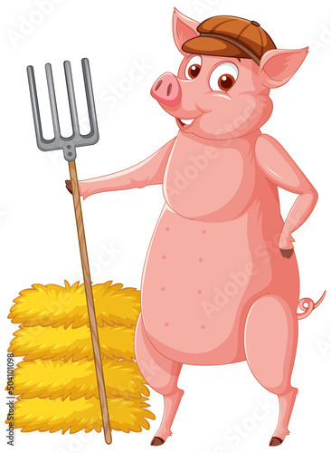 Farmer pig holding rake with haystack
