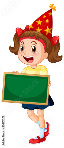 Girl with party  hat holding blank board