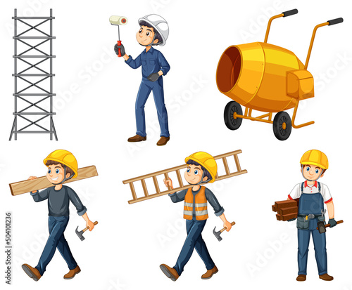 Construction worker set with man and tools