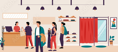 Queue at boutique. Fashion showroom checkout with line of customers with trendy clothes. Vector cashier at clothing store illustration