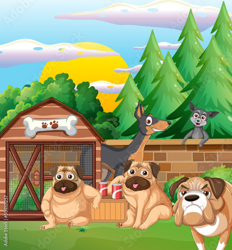 Outdoor scene with cartoon dogs
