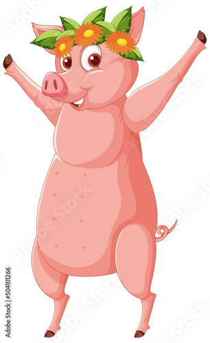 A pig wearing flower crown standing on two legs