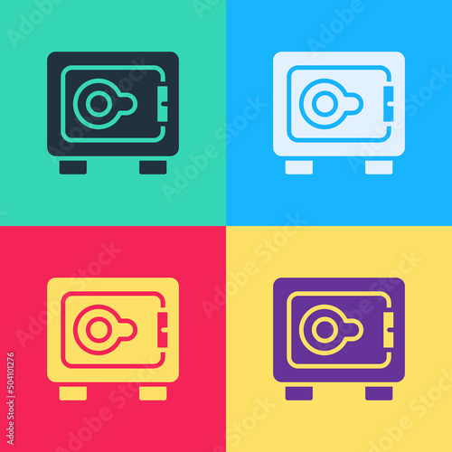 Pop art Safe icon isolated on color background. The door safe a bank vault with a combination lock. Reliable Data Protection. Vector