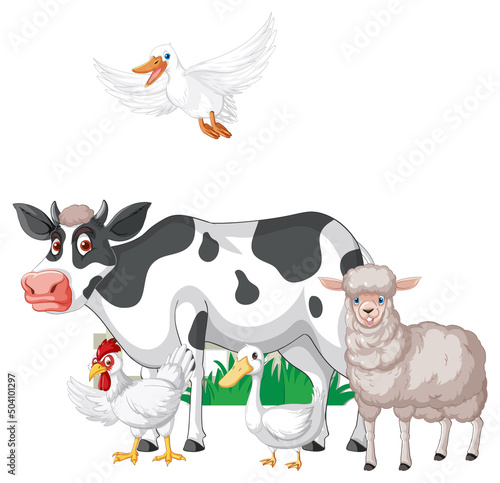 Many farm animals on white background
