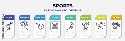 infographic template with icons and 8 options or steps. infographic for sports concept. included man playing volleyball, sport trophy, ball arrow, dohyo, golf player hitting, jumping dancer,