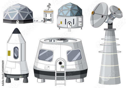 Set of spaceship and satellite objects