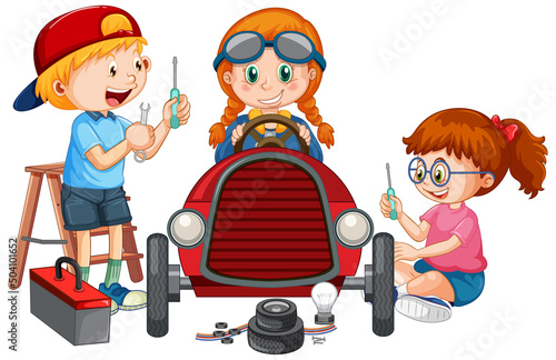 Children repairing a car together
