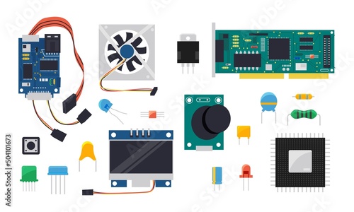 DIY controller. Electric and mechanical components for microcontroller and smart home circuit board, display wires and semiconductors vector set