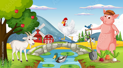 Farm background with happy animals
