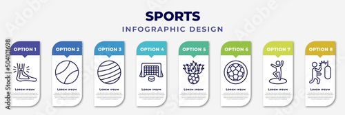 infographic template with icons and 8 options or steps. infographic for sports concept. included sprained ankle, tennis sport ball, gym ball, hockey goal, soccer football ball, football circular,