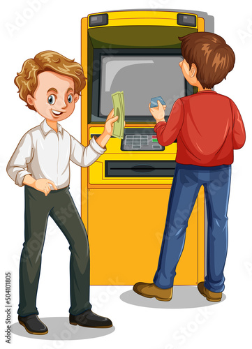 Two men standing at atm machine