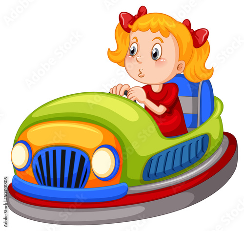 A girl driving bumper car on white background