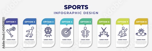 infographic template with icons and 8 options or steps. infographic for sports concept. included home run, ice skating, second prize, bullseye, squat, medieval fencing, jumping ski, two boxing