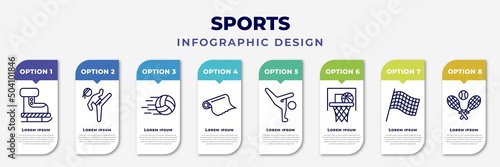 infographic template with icons and 8 options or steps. infographic for sports concept. included ski boots, taekwondo, volleyball ball, foil, capoeira, basketball basket, chequered flag, tennis game
