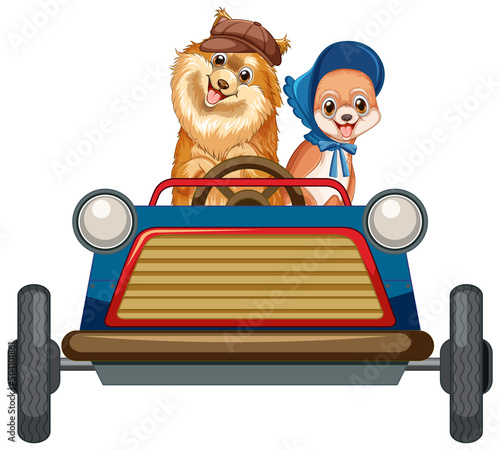 Funny dog cartoon character driving car on white background