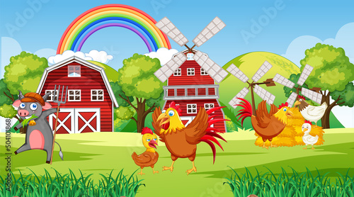 Farm scene with farm animals