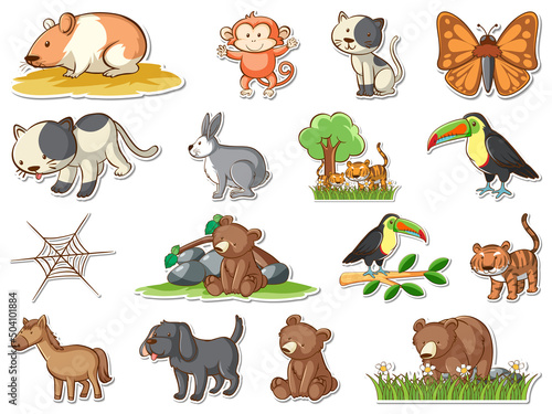 Sticker set of cartoon wild animals