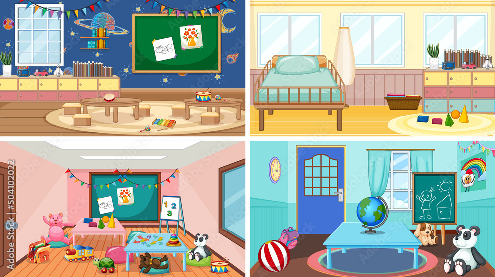Set of different kindergarten classroom scenes Set of different kindergarten classroom scenes