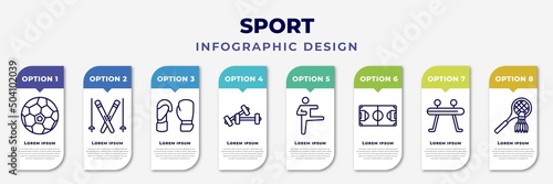 infographic template with icons and 8 options or steps. infographic for sport concept. included soccer ball, ski, boxing gloves, training, karate, soccer field, gymnastics, badminton editable