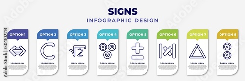 infographic template with icons and 8 options or steps. infographic for signs concept. included maths, is a sub of, square root, because, plus less, absolute, triangles, reason editable vector.