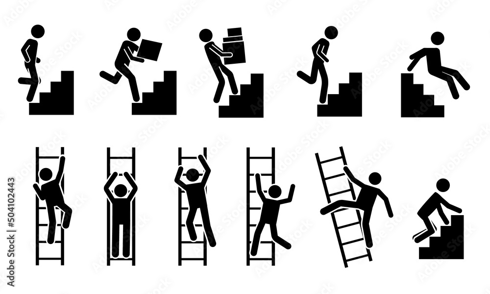 Stick man go up. Black pictograms of people climbing on staircase and ladder, stickman silhouettes. Vector movement and success concept Stick man go up. Black pictograms of people climbing on staircase and ladder, stickman silhouettes. Vector movement and success concept