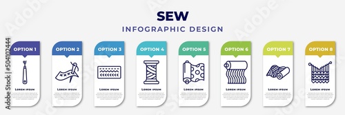 infographic template with icons and 8 options or steps. infographic for sew concept. included ripper, needlework, stitches, cotton reel, fabric, fabrics, material, handloom editable vector.