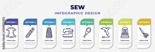 infographic template with icons and 8 options or steps. infographic for sew concept. included leather, thread nippers, spool of thread, sewing hine, threader, hot glue, sewing thimble, sewing