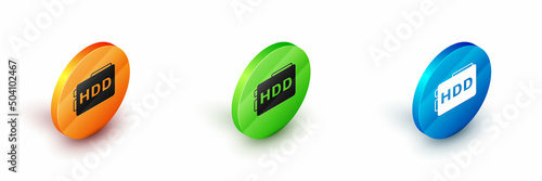 Isometric Hard disk drive HDD icon isolated on white background. Circle button. Vector