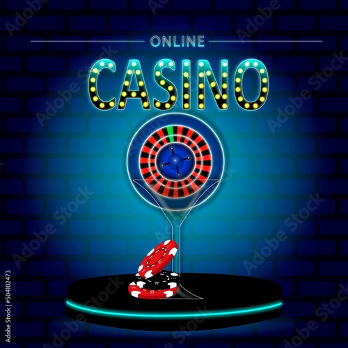 Blue neon casino roulette wheel with poker chips;