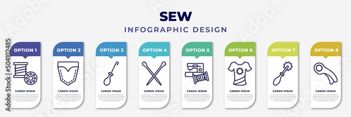 infographic template with icons and 8 options or steps. infographic for sew concept. included bobbin, jeans pocket, awl, knitting neddles, sewing clip art, garment, tracing wheel, rotary editable