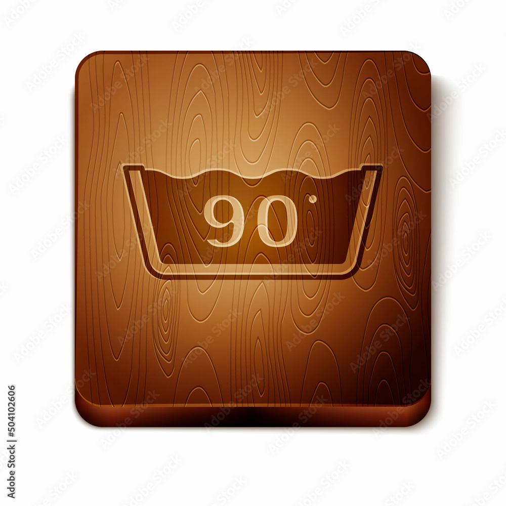Brown Washing under 90 degrees celsius icon isolated on white background. Temperature wash. Wooden square button. Vector Brown Washing under 90 degrees celsius icon isolated on white background. Temperature wash. Wooden square button. Vector
